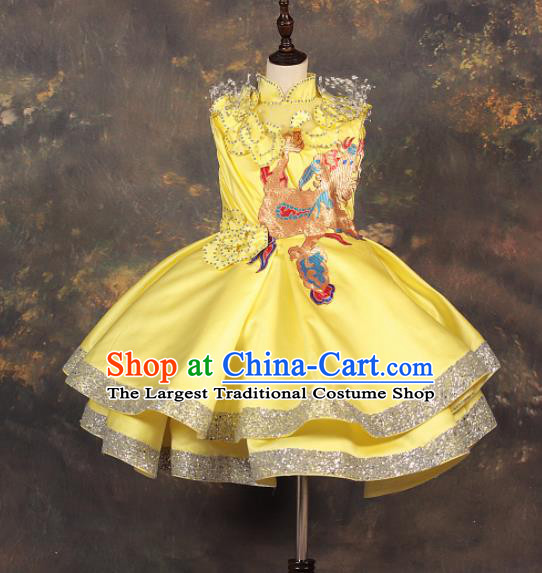Professional Catwalks Stage Show Dance Yellow Dress Modern Fancywork Compere Court Princess Costume for Kids