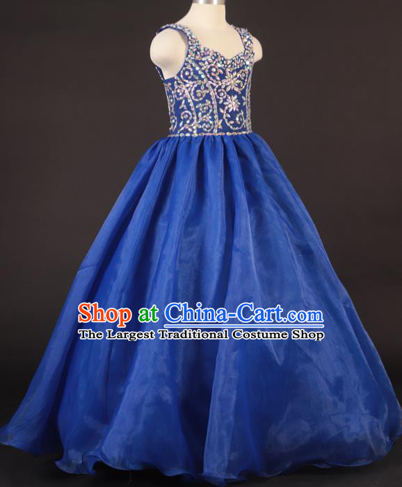 Professional Girls Compere Royalblue Veil Long Full Dress Modern Fancywork Catwalks Stage Show Costume for Kids