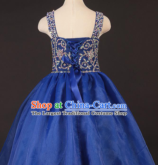 Professional Girls Compere Royalblue Veil Long Full Dress Modern Fancywork Catwalks Stage Show Costume for Kids
