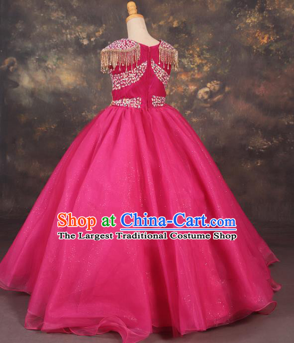 Professional Catwalks Stage Show Dance Rosy Veil Long Dress Modern Fancywork Compere Court Princess Costume for Kids