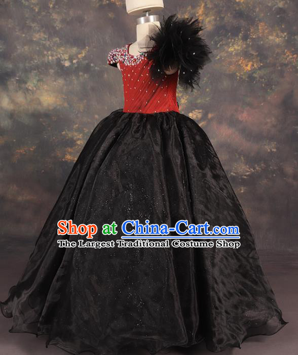 Professional Catwalks Stage Show Dance Black Veil Long Dress Modern Fancywork Compere Court Princess Costume for Kids