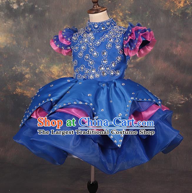 Professional Catwalks Stage Show Dance Royalblue Veil Dress Modern Fancywork Compere Court Princess Costume for Kids