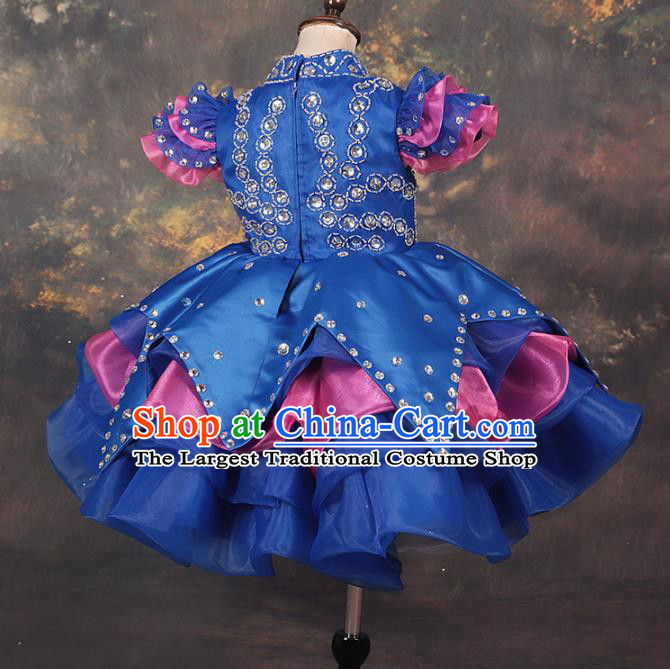 Professional Catwalks Stage Show Dance Royalblue Veil Dress Modern Fancywork Compere Court Princess Costume for Kids