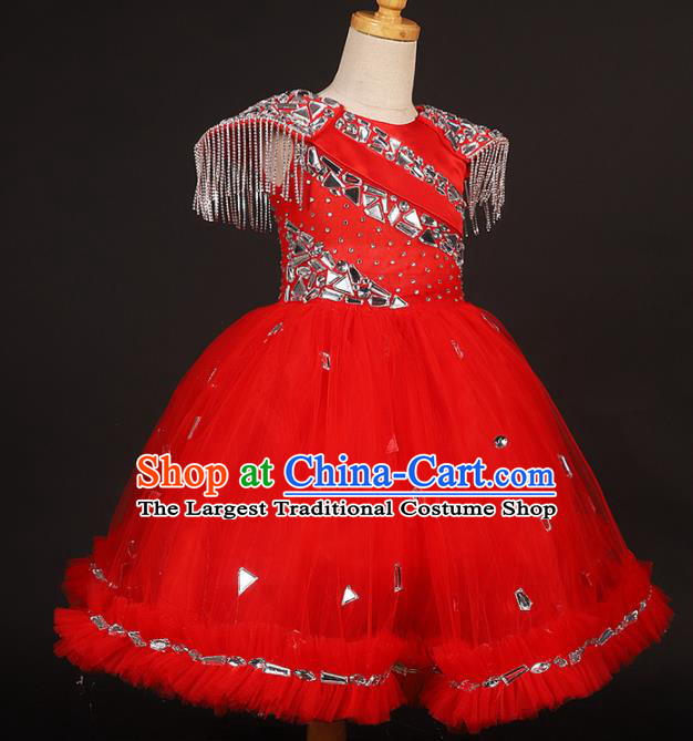 Professional Catwalks Stage Show Dance Red Veil Dress Modern Fancywork Compere Court Princess Costume for Kids