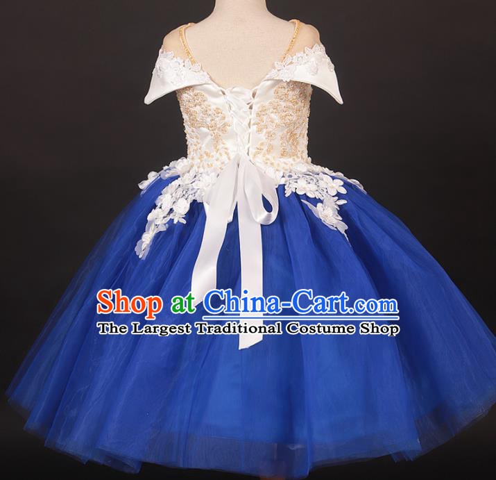 Professional Catwalks Stage Show Dance Blue Veil Dress Modern Fancywork Compere Court Princess Costume for Kids