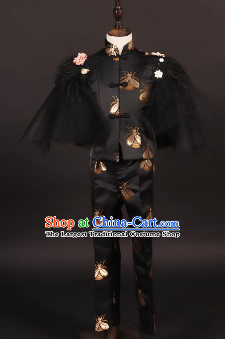 Professional Boys Catwalks Black Suits Stage Show Clothing Modern Fancywork Compere Costume for Kids