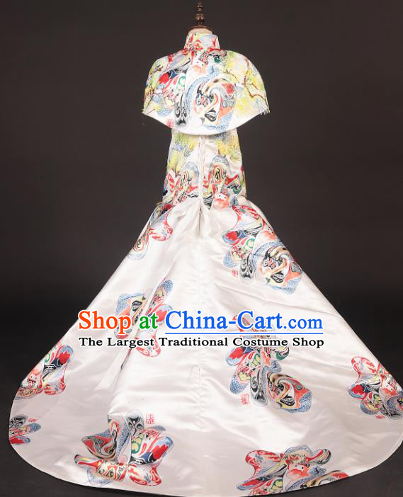 Chinese Stage Performance White Qipao Catwalks Full Dress Modern Fancywork Dance Costume for Kids
