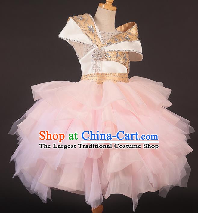 Professional Girls Catwalks Stage Show Dance Pink Bubble Dress Modern Fancywork Compere Court Princess Costume for Kids