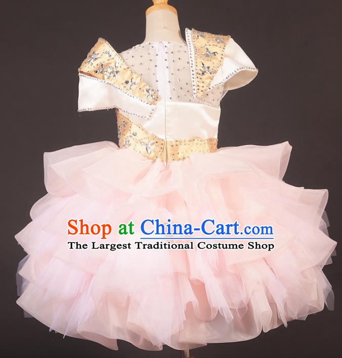 Professional Girls Catwalks Stage Show Dance Pink Bubble Dress Modern Fancywork Compere Court Princess Costume for Kids
