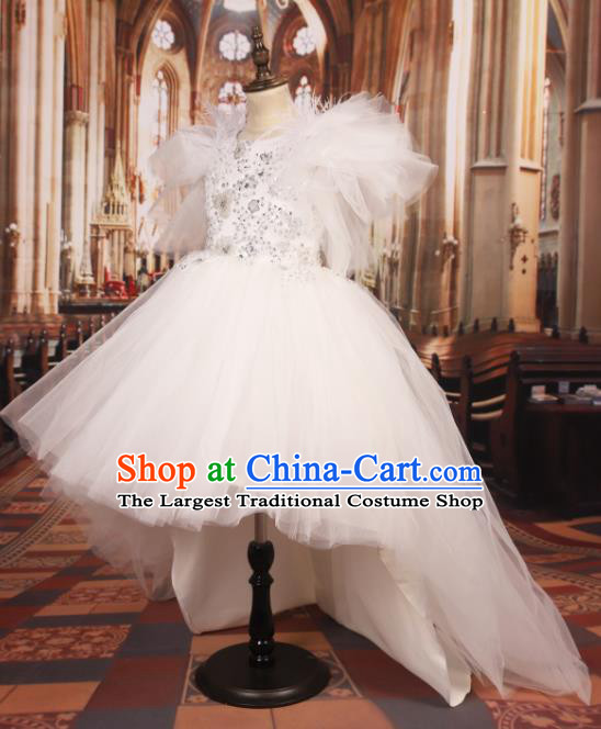 Professional Girls Catwalks Stage Show Dance White Veil Dress Modern Fancywork Compere Court Princess Costume for Kids