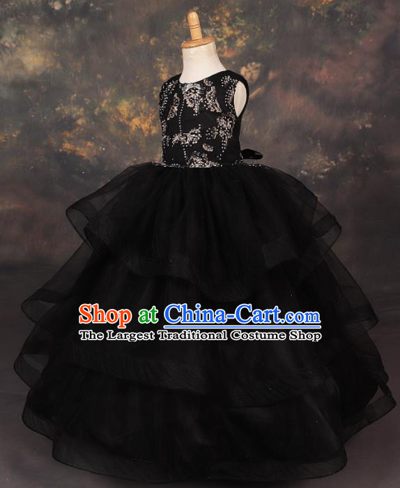 Professional Girls Catwalks Stage Show Dance Black Veil Dress Modern Fancywork Compere Court Princess Costume for Kids