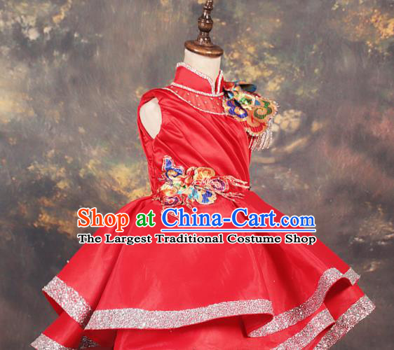Chinese Stage Performance Folk Dance Catwalks Red Full Dress Modern Fancywork Dance Costume for Kids
