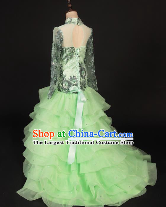 Professional Girls Catwalks Stage Show Dance Green Veil Mermaid Dress Modern Fancywork Compere Court Princess Costume for Kids