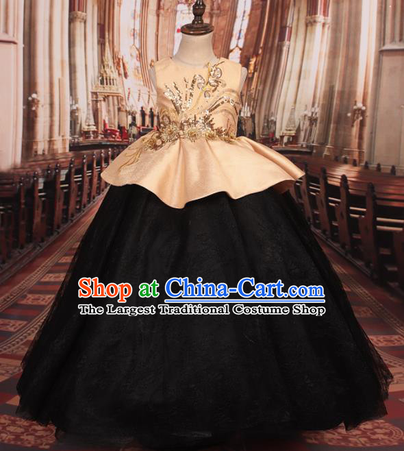 Professional Girls Catwalks Stage Show Waltz Dance Black Dress Modern Fancywork Compere Court Princess Costume for Kids
