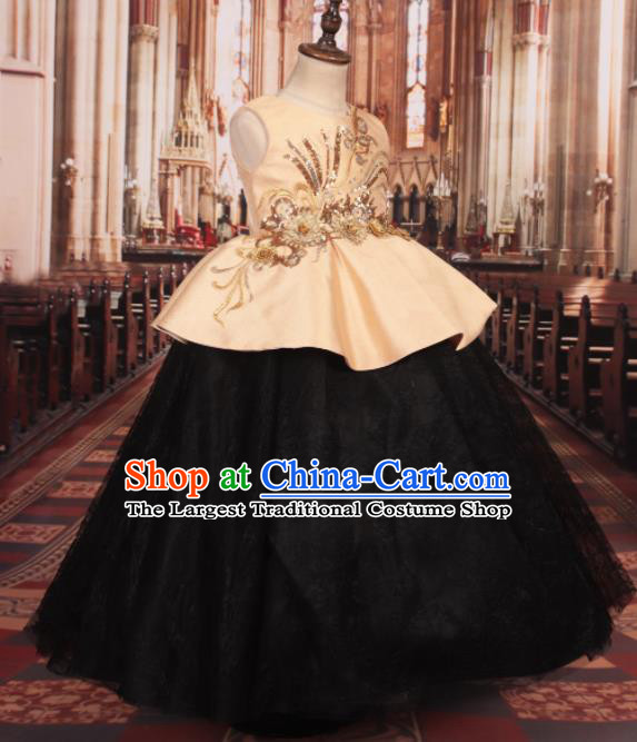 Professional Girls Catwalks Stage Show Waltz Dance Black Dress Modern Fancywork Compere Court Princess Costume for Kids