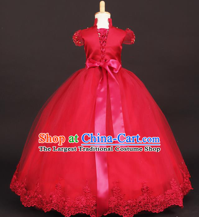 Professional Girls Catwalks Waltz Dance Rosy Veil Long Dress Modern Fancywork Compere Stage Show Costume for Kids