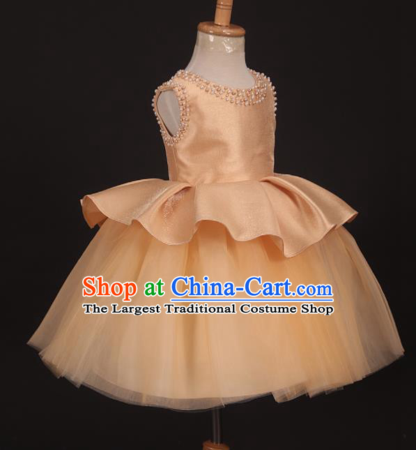 Professional Girls Catwalks Golden Veil Short Dress Modern Fancywork Compere Stage Show Costume for Kids