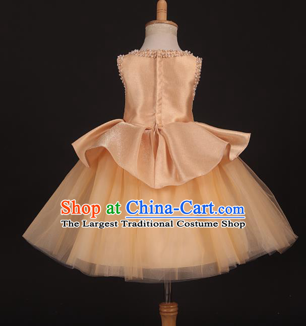 Professional Girls Catwalks Golden Veil Short Dress Modern Fancywork Compere Stage Show Costume for Kids