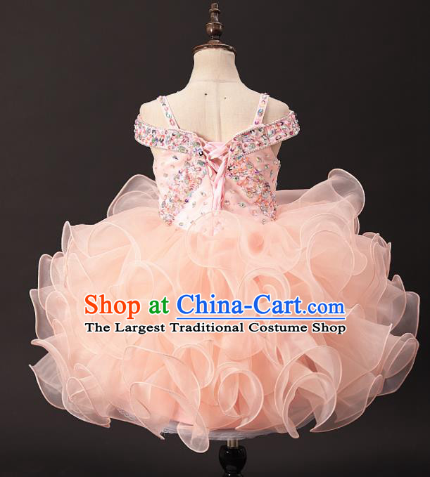 Professional Girls Catwalks Diamante Pink Dress Modern Fancywork Compere Stage Show Costume for Kids