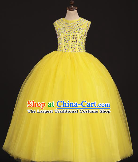 Professional Girls Modern Fancywork Yellow Veil Dress Catwalks Compere Stage Show Costume for Kids