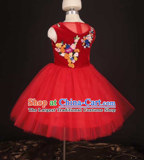 Professional Girls Modern Fancywork Red Veil Bubble Dress Catwalks Compere Stage Show Costume for Kids