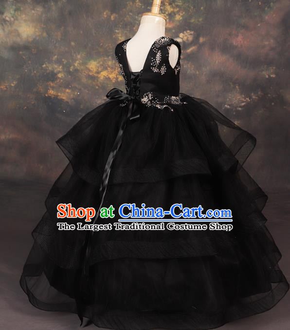 Professional Girls Modern Fancywork Black Veil Dress Catwalks Compere Stage Show Costume for Kids