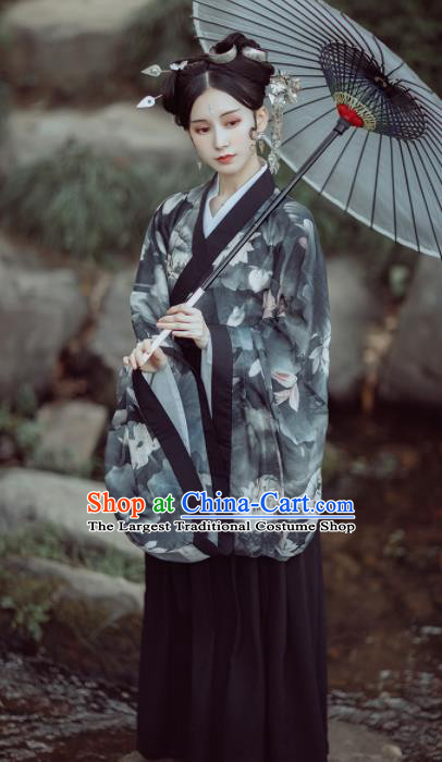 Chinese Ancient Court Lady Printing Lotus Black Hanfu Dress Traditional Jin Dynasty Princess Historical Costume for Women