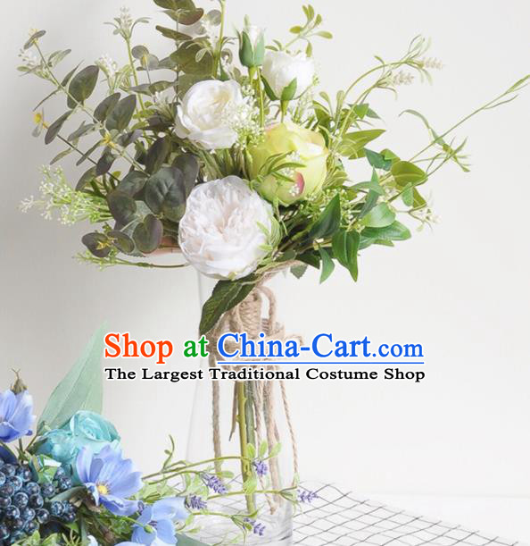 Handmade Classical Wedding White Peony Silk Flowers Bride Holding Emulational Flowers Ball Hand Tied Bouquet Flowers for Women