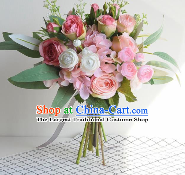 Handmade Classical Wedding Pink Rose Flowers Bride Holding Emulational Flowers Ball Hand Tied Bouquet Flowers for Women