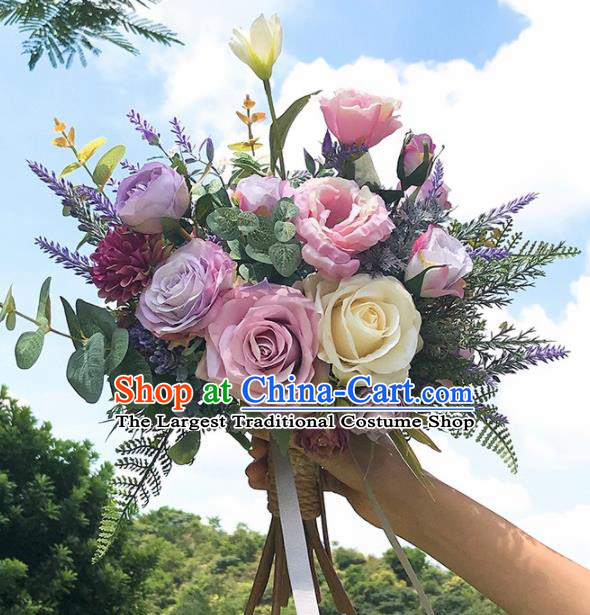 Handmade Classical Wedding Bride Holding Emulational Flowers Ball Light Purple Rose Hand Tied Bouquet Flowers for Women