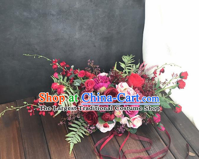 Handmade Classical Wedding Bride Holding Emulational Red Rose Flowers Ball Hand Tied Bouquet Flowers for Women
