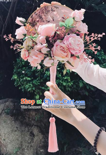 Handmade Chinese Classical Wedding Palace Fans Bride Holding Pink Peony Round Fans for Women