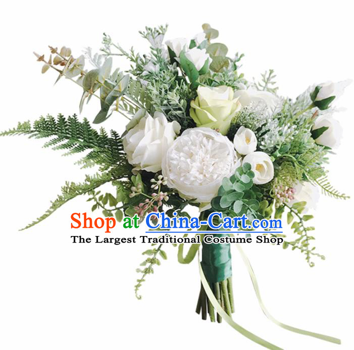 Handmade Wedding Bride Holding Emulational Classical White Peony Grass Ball Hand Tied Bouquet Flowers for Women