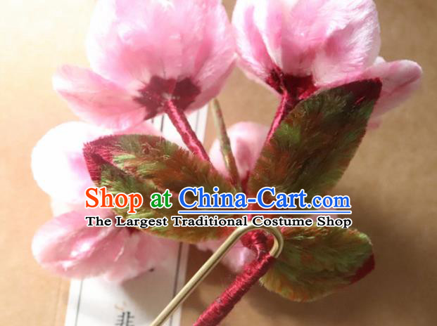 Chinese Handmade Pink Velvet Peach Blossom Hairpins Ancient Palace Headwear for Women