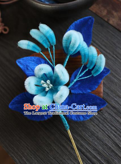 Chinese Handmade Blue Velvet Flowers Hairpins Ancient Palace Hair Accessories Headwear for Women