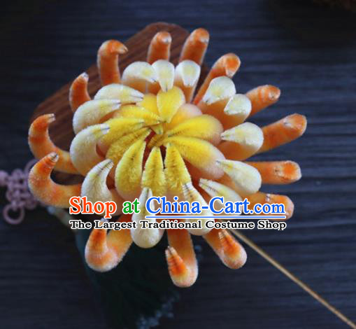 Chinese Handmade Yellow Velvet Chrysanthemum Hairpins Ancient Palace Hair Accessories Headwear for Women