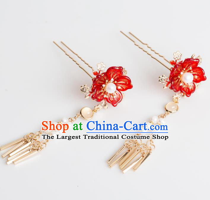 Chinese Handmade Red Flower Hairpins Ancient Princess Hair Accessories Headwear for Women