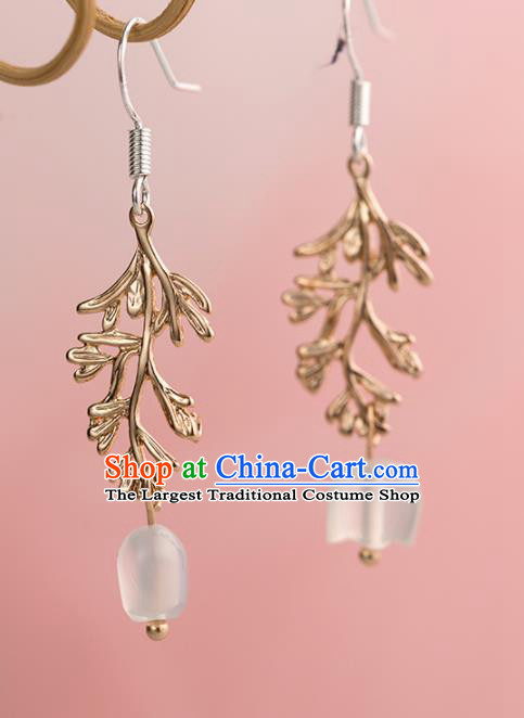 Handmade Chinese Classical Hanfu Golden Leaf Earrings Ancient Palace Ear Accessories for Women