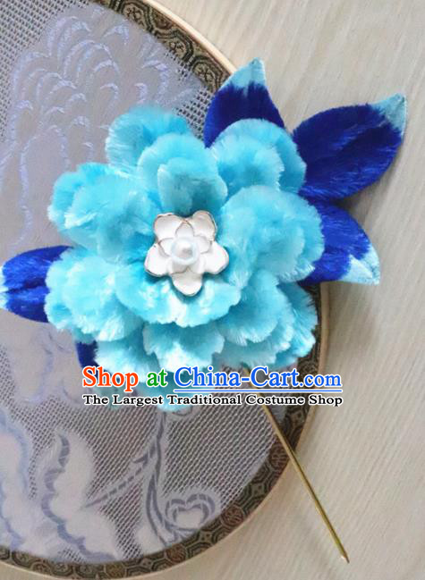 Chinese Handmade Blue Velvet Peony Hairpins Ancient Palace Queen Hair Accessories Headwear for Women