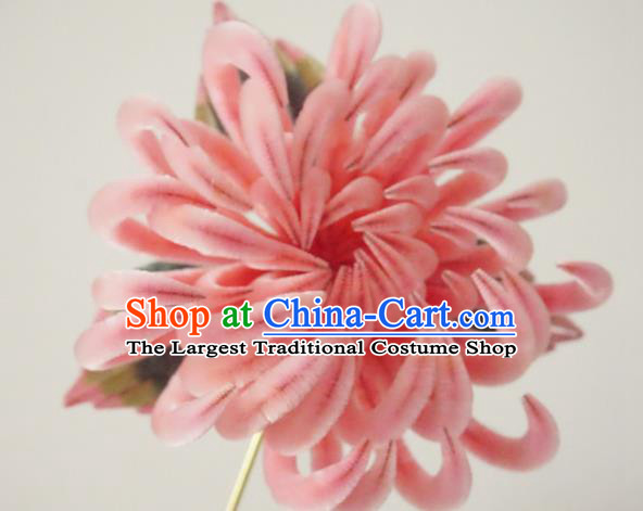 Chinese Handmade Pink Velvet Chrysanthemum Hairpins Ancient Palace Queen Hair Accessories Headwear for Women