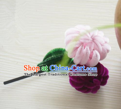 Chinese Handmade Palace Velvet Pink Chrysanthemum Hairpins Ancient Queen Hair Accessories Headwear for Women
