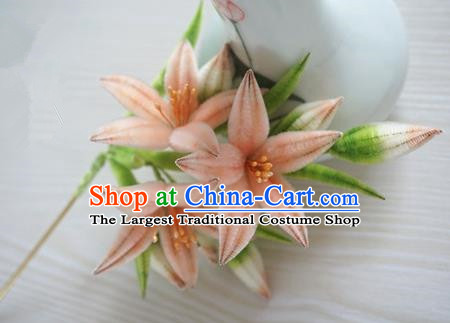 Chinese Handmade Palace Pink Lily Flowers Velvet Hairpins Ancient Queen Hair Accessories Headwear for Women