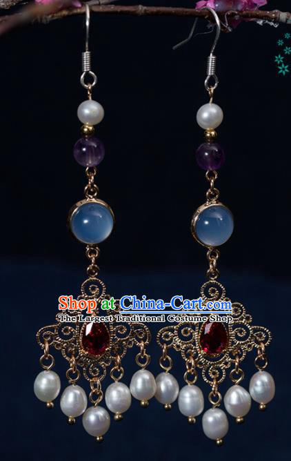 Handmade Chinese Classical Hanfu Red Crystal Earrings Ancient Palace Ear Accessories for Women
