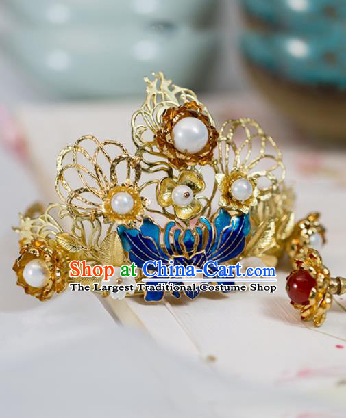 Chinese Handmade Hanfu Cloisonne Lotus Hair Crown Hairpins Ancient Princess Hair Accessories Headwear for Women