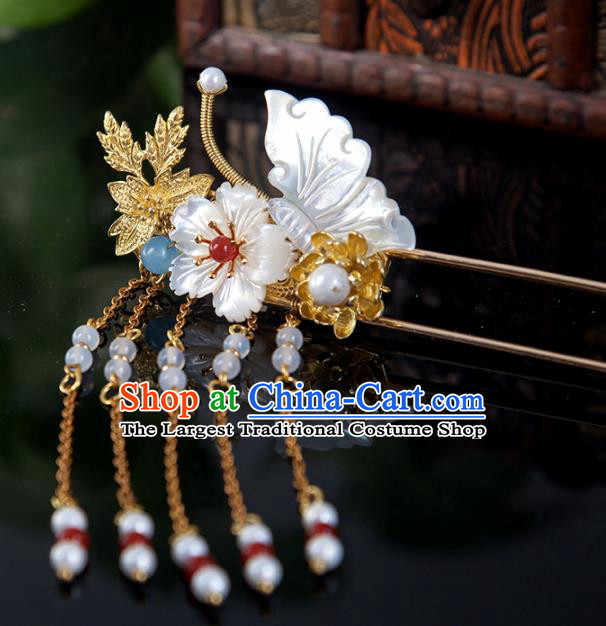 Chinese Handmade Hanfu Shell Butterfly Tassel Hairpins Ancient Princess Hair Accessories Headwear for Women