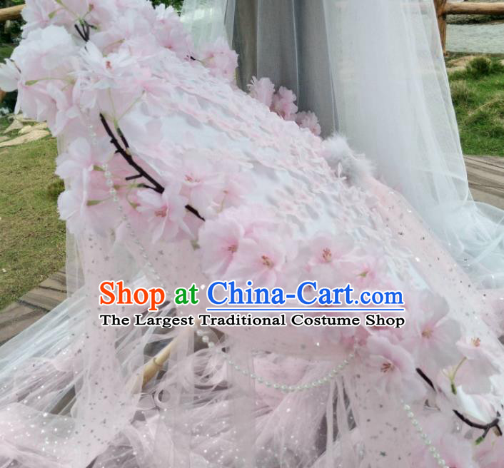 Chinese Traditional Pink Flowers Ribbon Tassel Umbrella Ancient Princess Umbrella for Women
