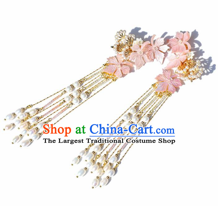 Chinese Handmade Hanfu Pink Shell Flowers Tassel Hairpins Ancient Princess Hair Accessories Headwear for Women