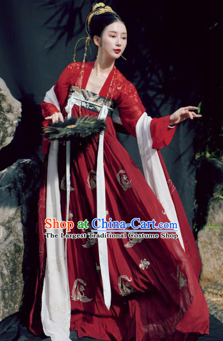Chinese Traditional Tang Dynasty Princess Wedding Historical Costume Ancient Peri Embroidered Red Hanfu Dress for Women
