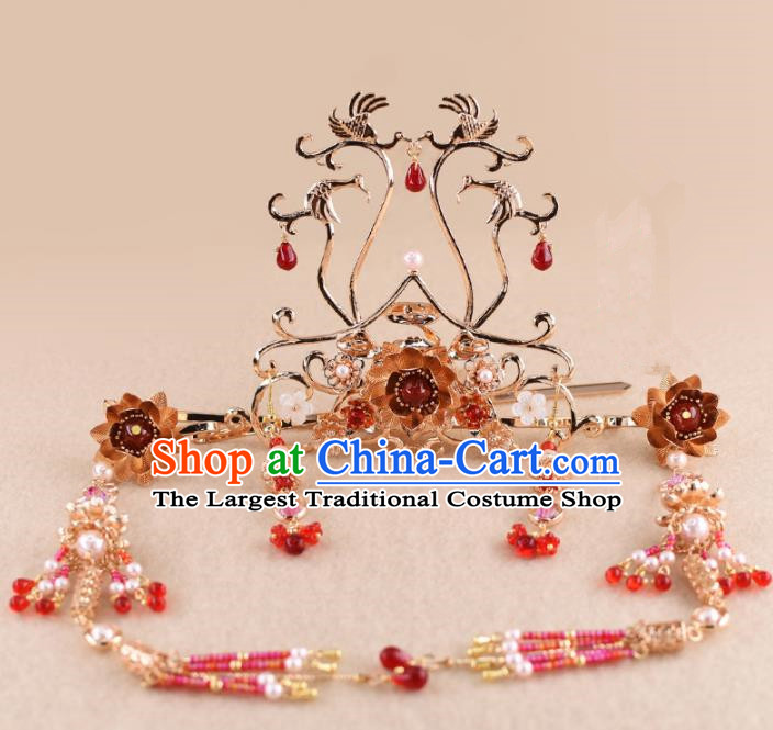 Chinese Handmade Palace Red Beads Tassel Hair Crown Hairpins Ancient Princess Hanfu Hair Accessories Headwear for Women