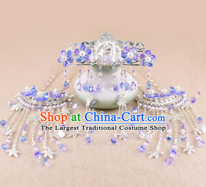Chinese Handmade Palace Hair Crown Purple Flowers Tassel Hairpins Ancient Princess Hanfu Hair Accessories Headwear for Women